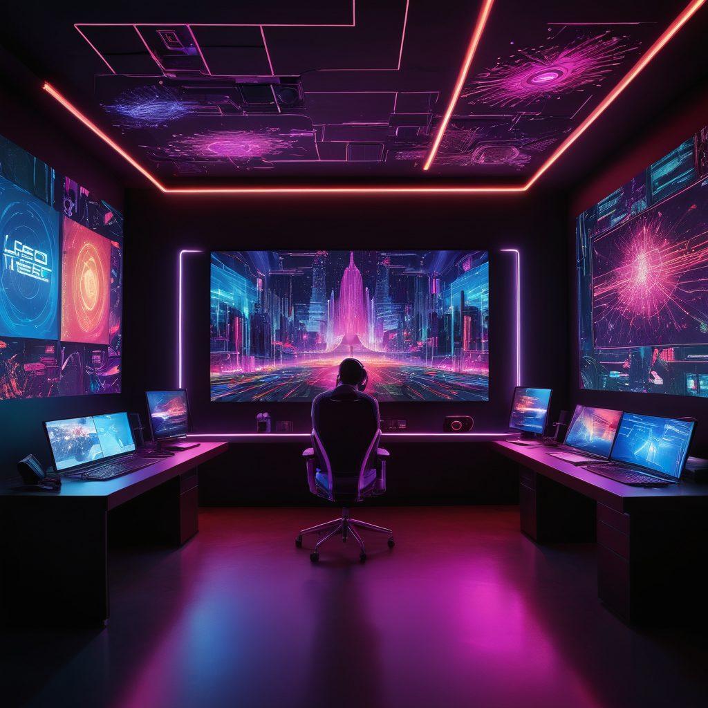 A futuristic setup featuring a high-definition webcam showcasing a bustling live-streaming studio filled with vibrant screens displaying real-time video feeds. Include sleek modern gadgets, colorful lights, and a professional content creator engaging with an audience. The background should symbolize connectivity and technology like digital signals and patterns. Focus on a dynamic and immersive atmosphere. cyberpunk. vibrant colors. 3D.