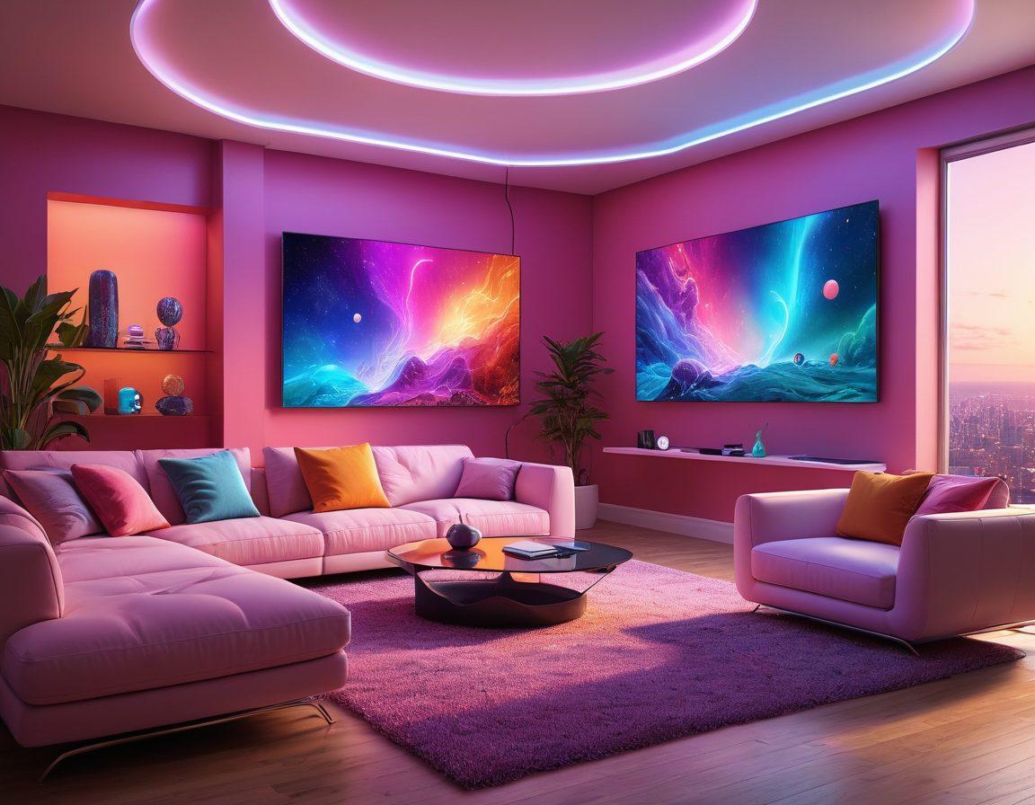 A futuristic living room setting showcasing a large screen displaying interactive video streaming features, along with users engaging through webcams. Lively expressions and dynamic interactions between people of diverse backgrounds, with colorful graphics depicting real-time data and chat bubbles. Emphasize vibrant technology elements like bright LED lights and holographic interfaces, creating an immersive atmosphere. super-realistic. vibrant colors. digital art.